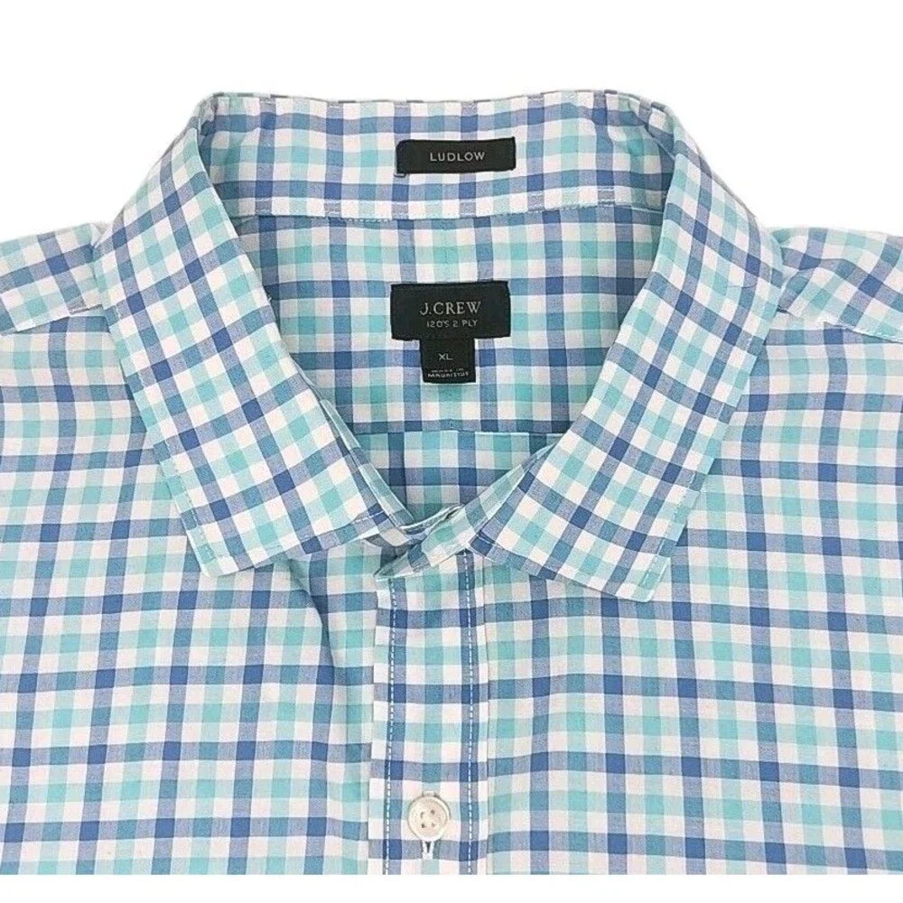 J Crew Shirt 120s 2-Ply Blue White Check Plaid Men Sz XL Button Long Slv Cotton